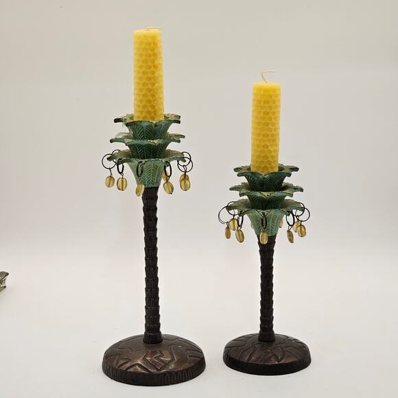 Cold Painted Brass Candlestick Set - Tropical Palm Trees with Beaded Accents - Picture 2 of 8